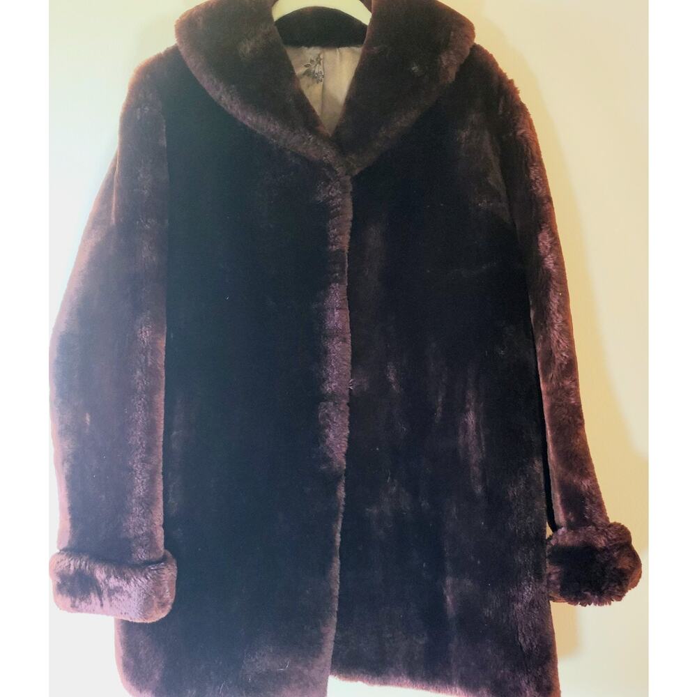 Vintage Ardney Mouton Fur Coat Mid Length Size M Pockets Dark Brown Satin Lined